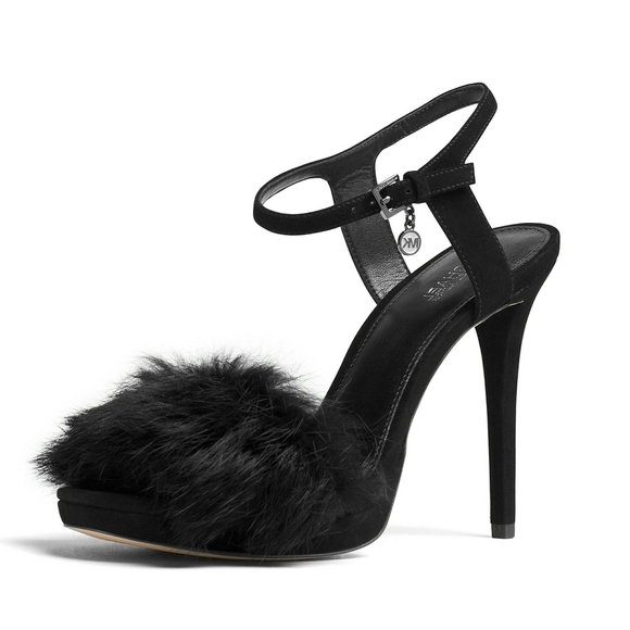 ๐ MICHAEL KORS Rabbit Fur Trim Black Heels Open-Toe Pumps NWB - Picture 1 of 6